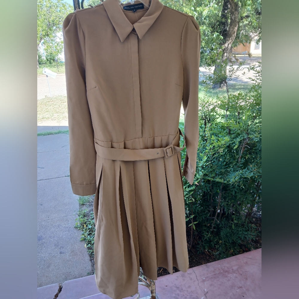 English Factory Pleated Collared Long Sleeve Belted Midi Dress in Camel …